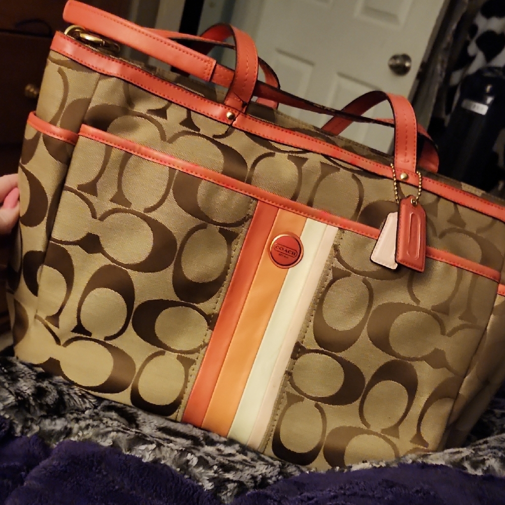 Coach Canvas Diaper Bag in Brown with Orange, Pink, And  Cream Stripes .. NEW!!
